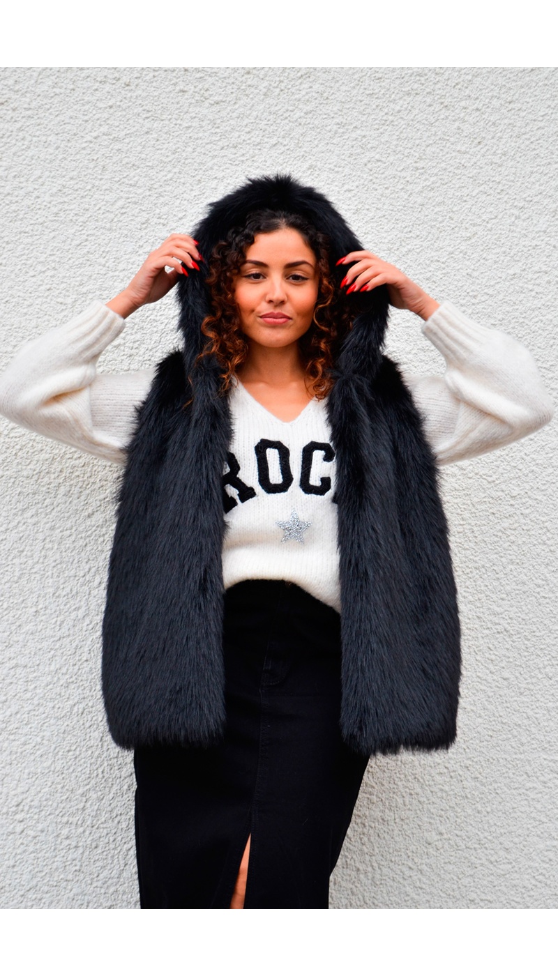 Gilet Fausse Fourrure Noir MARLENE  - 1