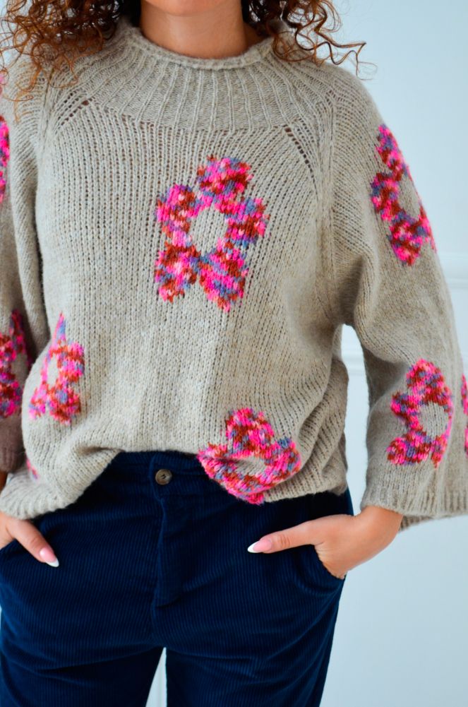 Pull Maille Fleurs Taupe LOUISIE  - 1
