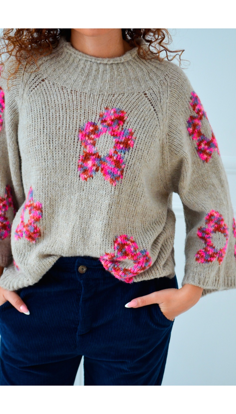 Pull Maille Fleurs Taupe LOUISIE  - 1