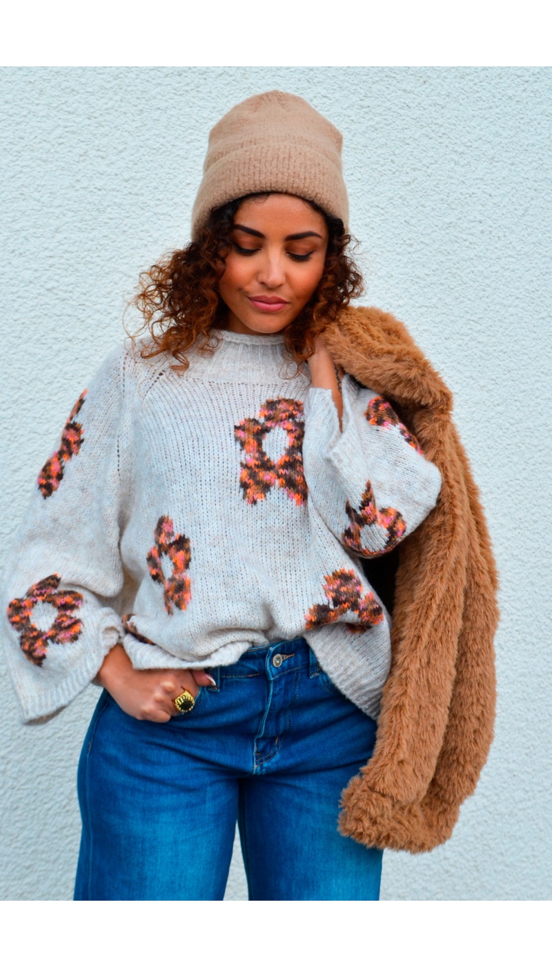 Pull Maille Fleurs Camel LOUISIE  - 1