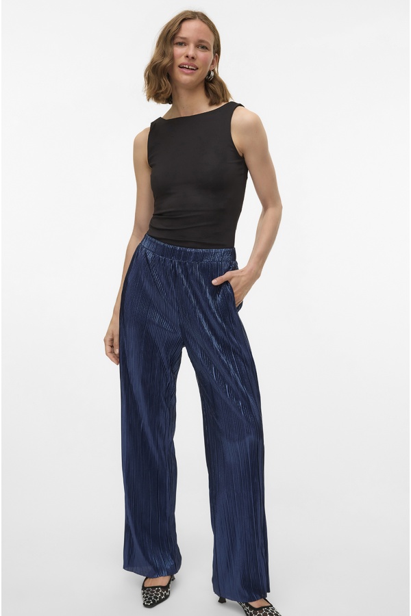 VMDUVI Vero Moda Calça de cetim azul-marinho - 1 | CALÇAS