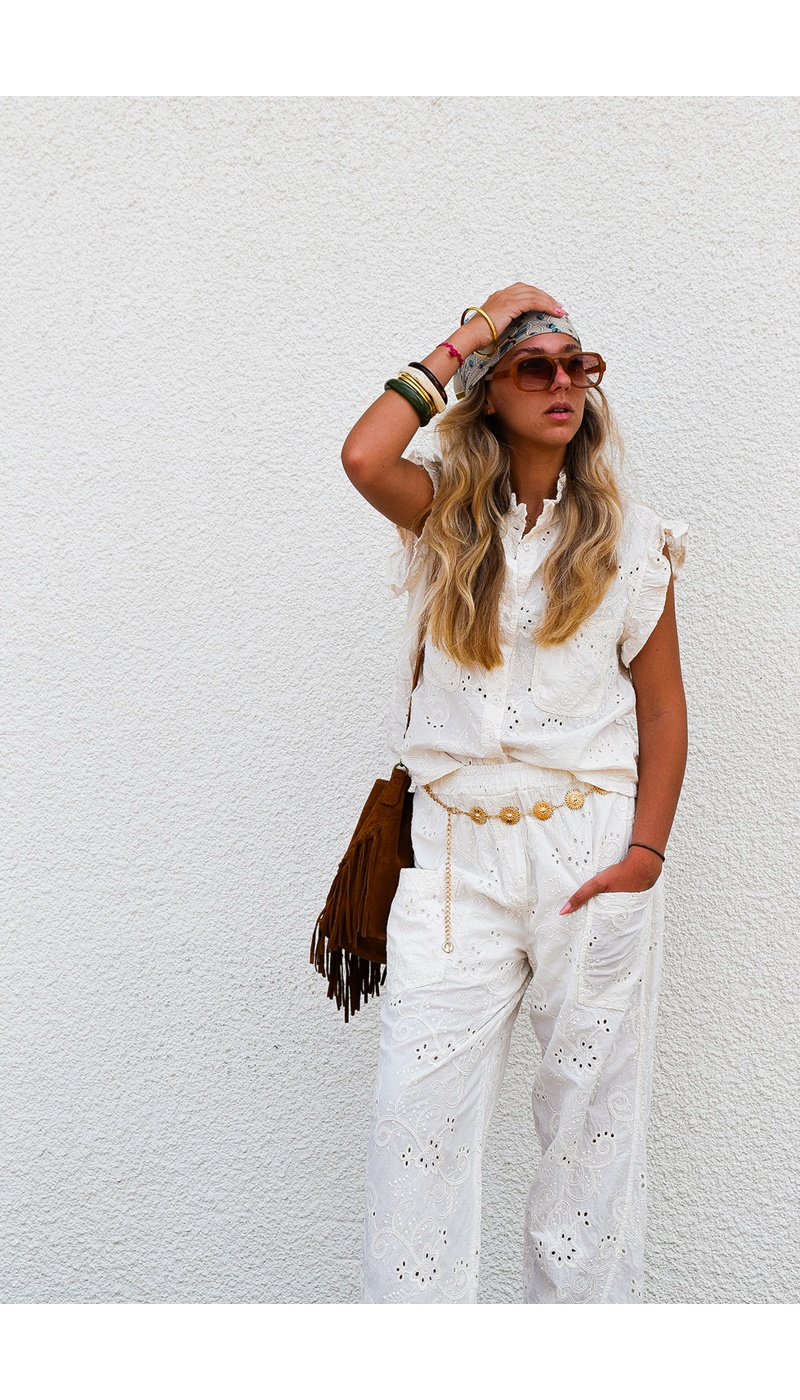 johanna toutoun BRODE ECRU PANTALON FEMME