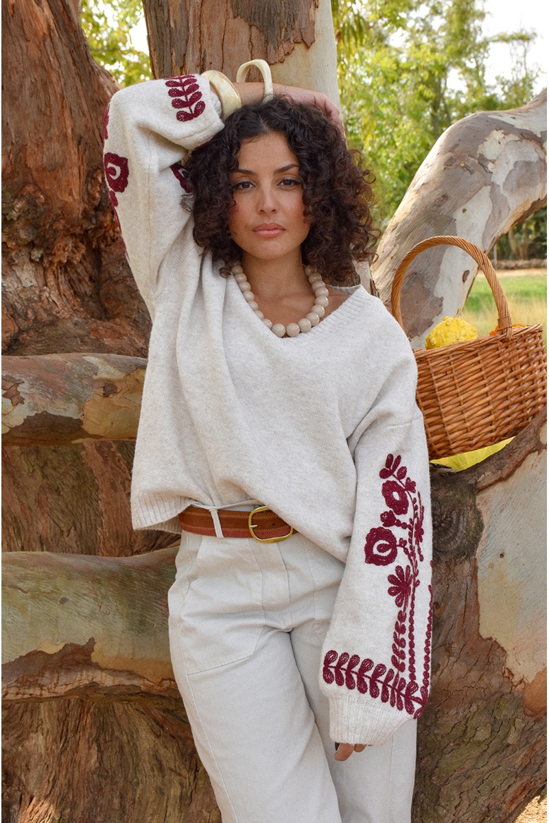 Pull Brodé Ecru EMMA