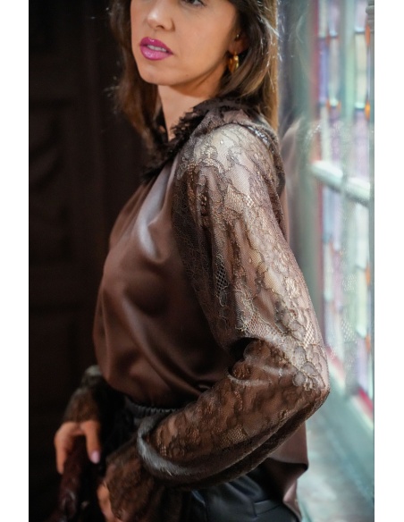 FARFALA MISSTA DENTEL MARRON BLOUSE