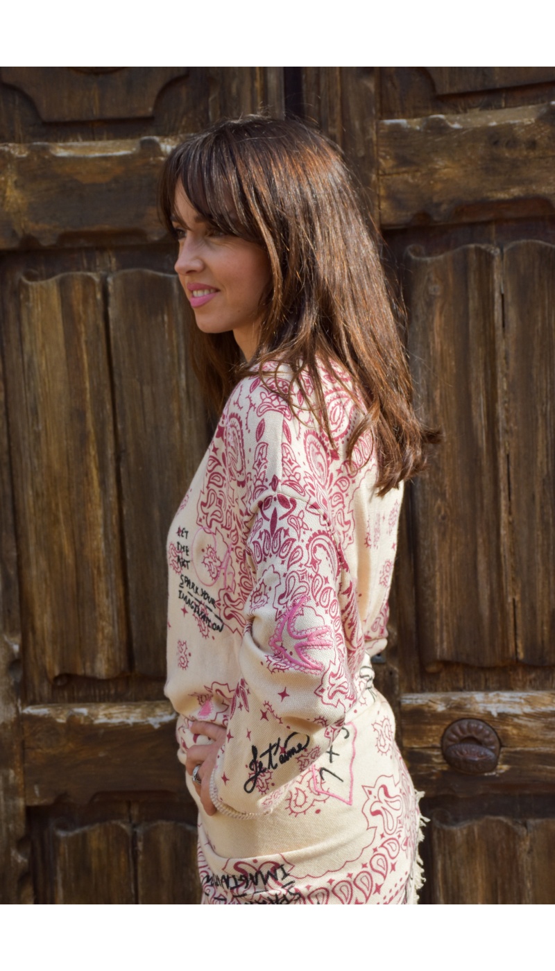 DE FIL EN AIGUILLE ROUGE ECRU PULL FEMME