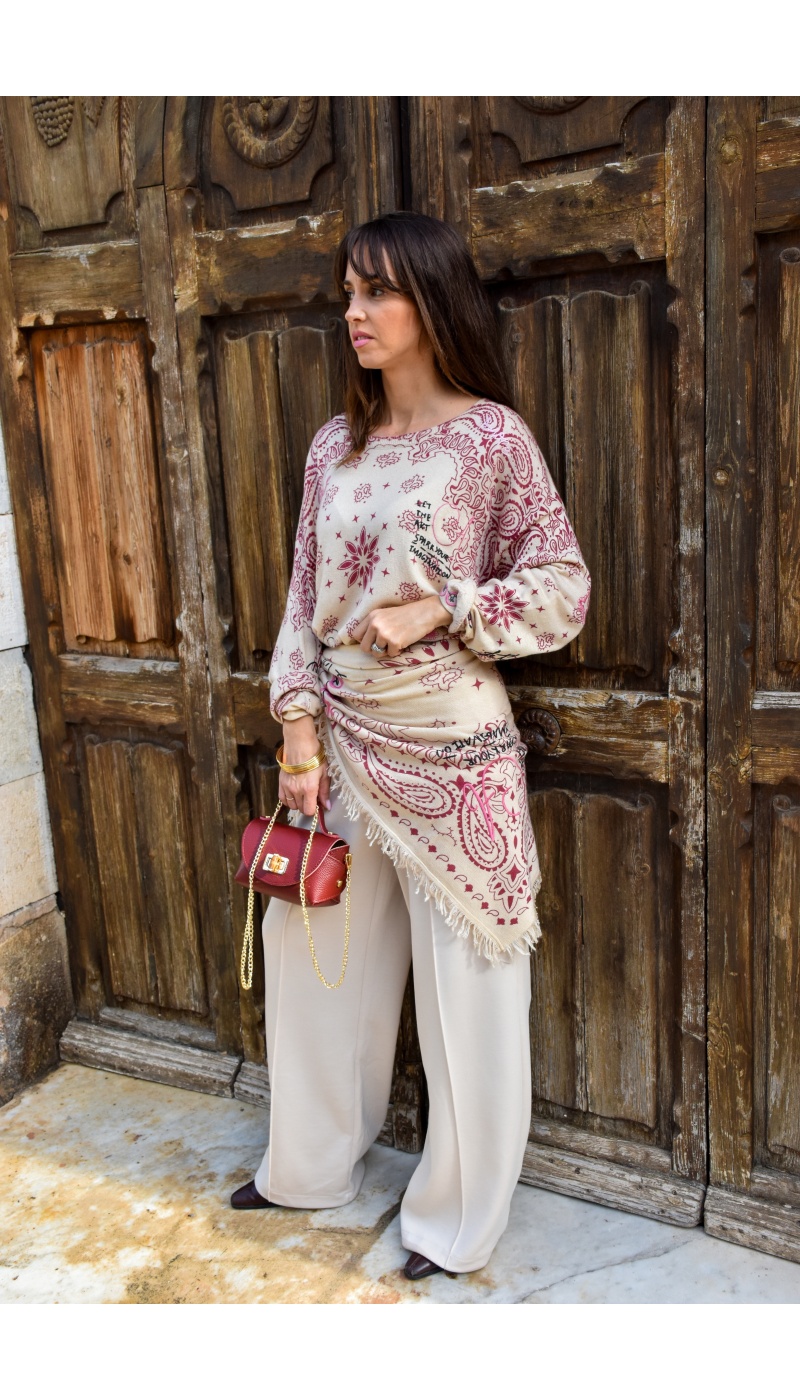 DE FIL EN AIGUILLE ROUGE ECRU PULL FEMME