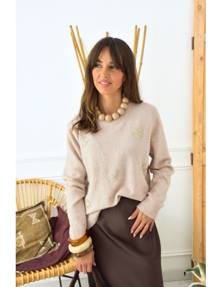 OLIVIA MODA PERLE POUDRE PULLS COL ROND FEMME