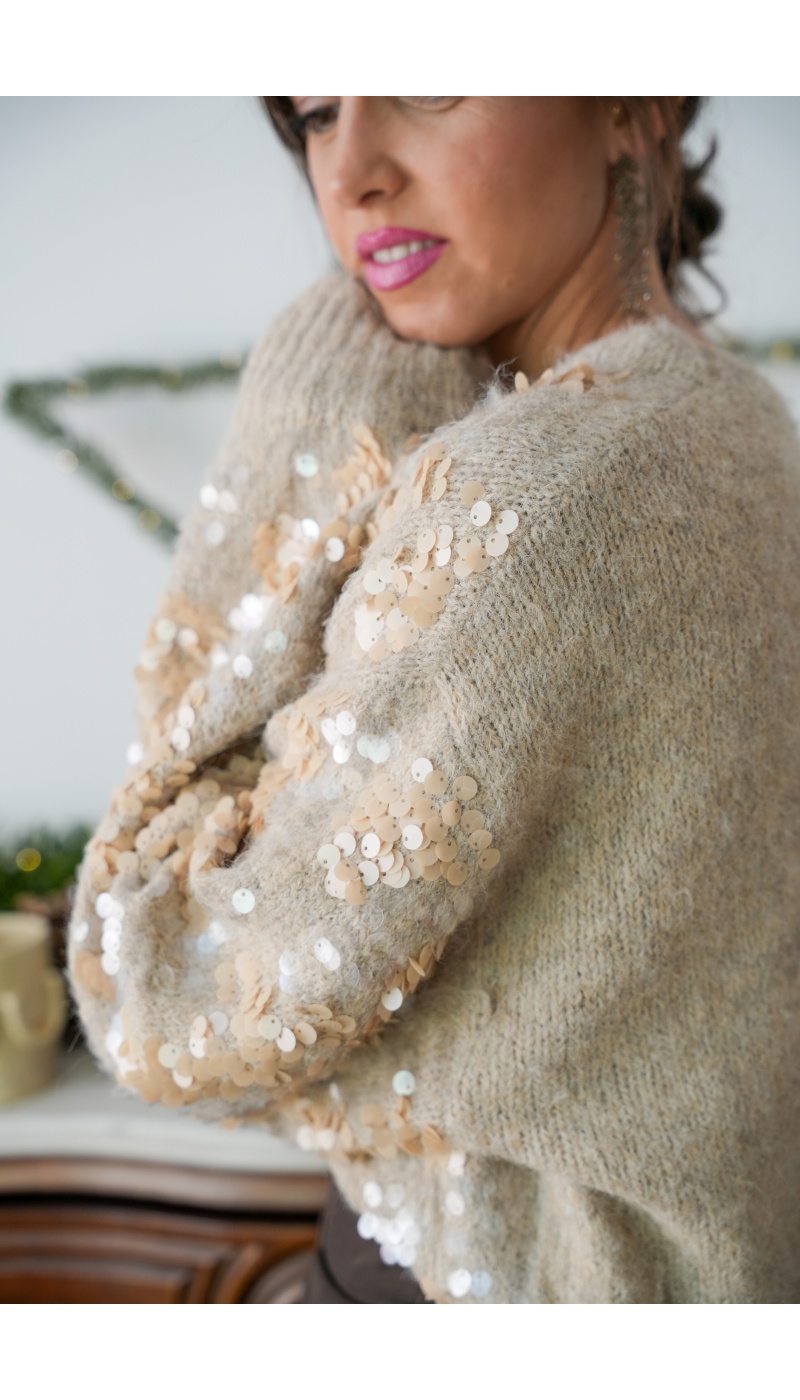 FUTUR FASHION SEQUIN BEIGE PULL FEMME