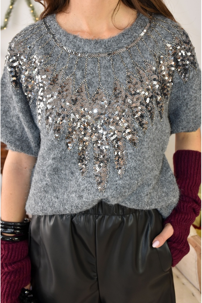 mctex STRASS GRIS PULL FEMME SANS MANCHE 2