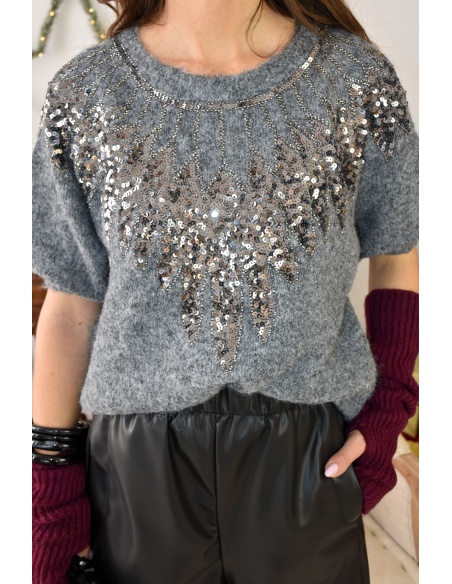 mctex STRASS GRIS PULL FEMME SANS MANCHE