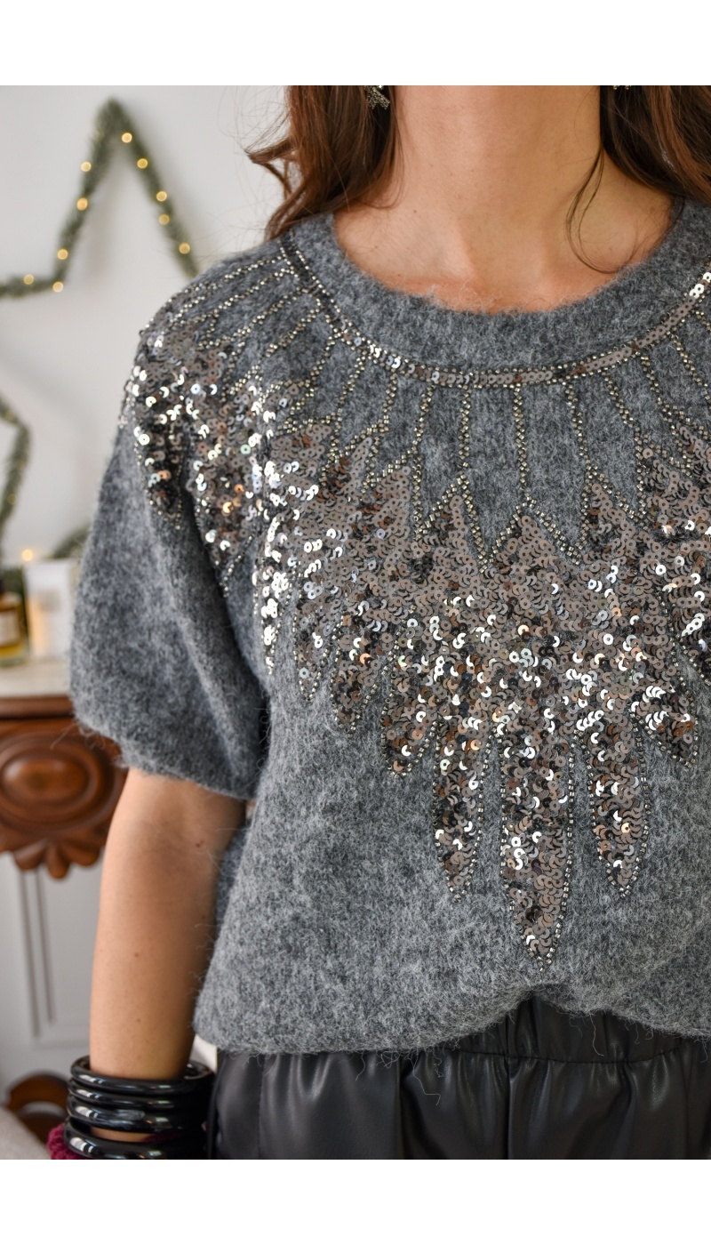 mctex STRASS GRIS PULL FEMME SANS MANCHE