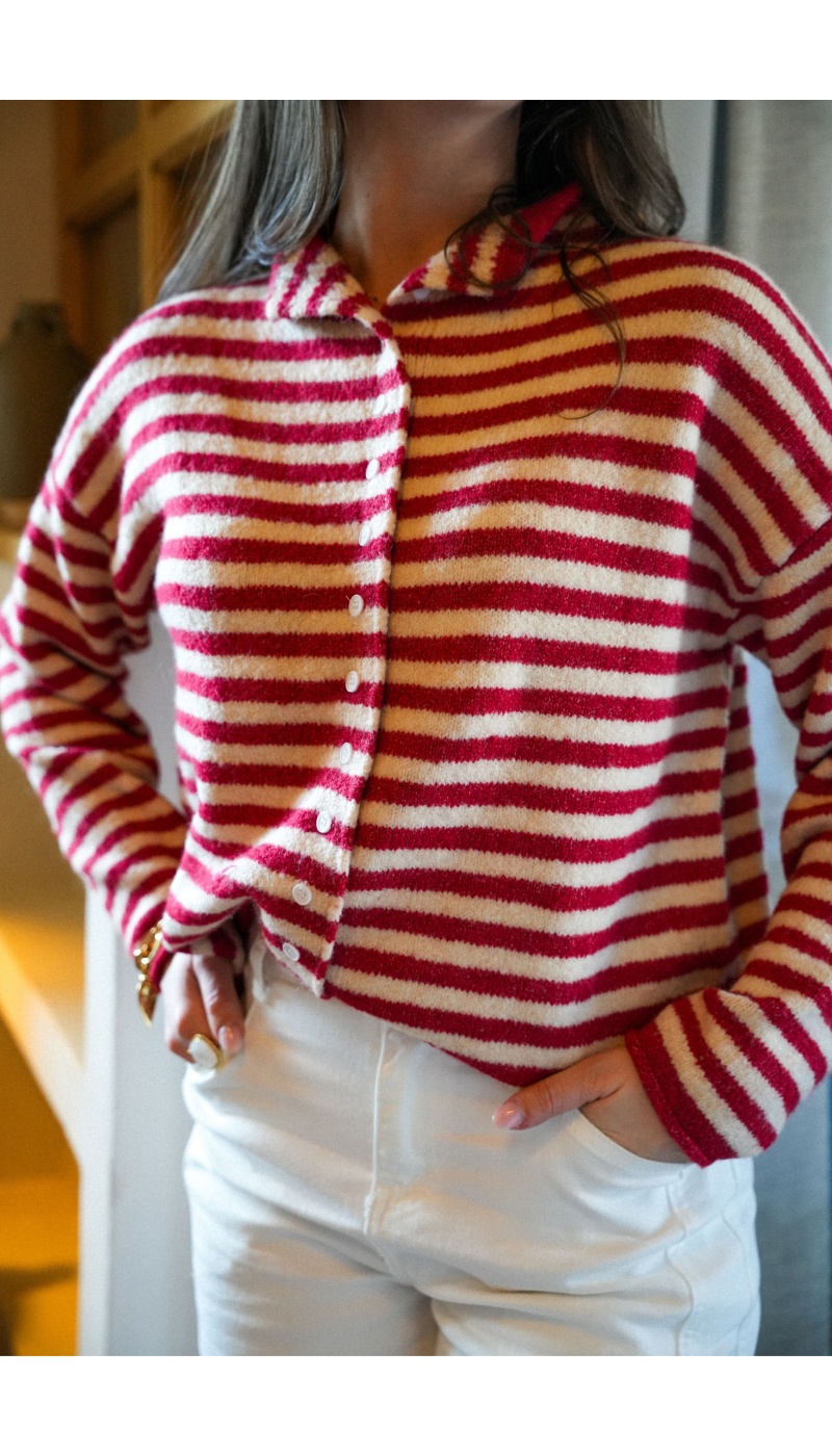 Gilet Rayé Rouge Ecru LIA