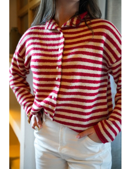 Gilet Rayé Rouge Ecru LIA