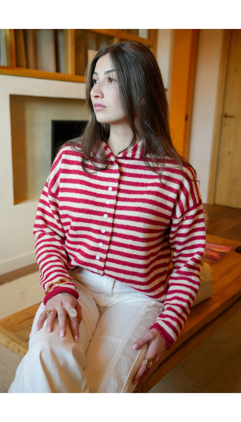 Gilet Rayé Rouge Ecru LIA