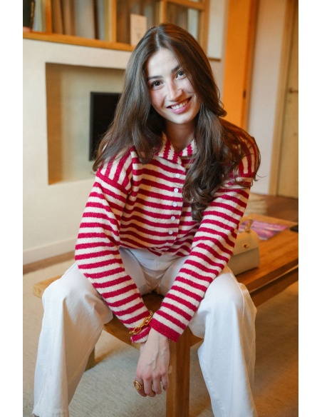 Gilet Rayé Rouge Ecru LIA