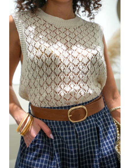 Top femme en macramé écru MOON – col arrondi ajouré sans manches