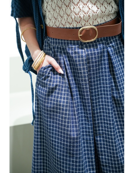 Jupe longue femme à carreaux marine MAYA – coupe évasée avec ceinture