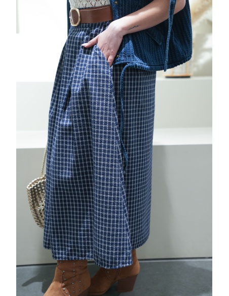 Jupe longue femme à carreaux marine MAYA – coupe évasée avec ceinture
