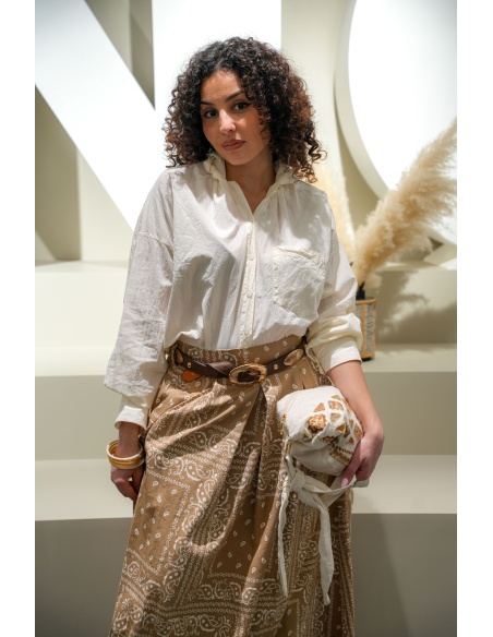 Jupe longue évasée femme OMAHA – motif bandana beige, coupe confortable