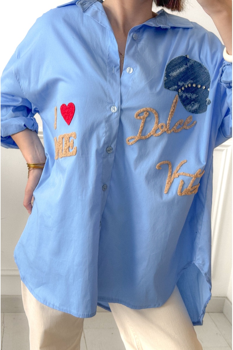 Chemise femme bleue Dolce Vita – chemisier tendance avec strass et manches longues