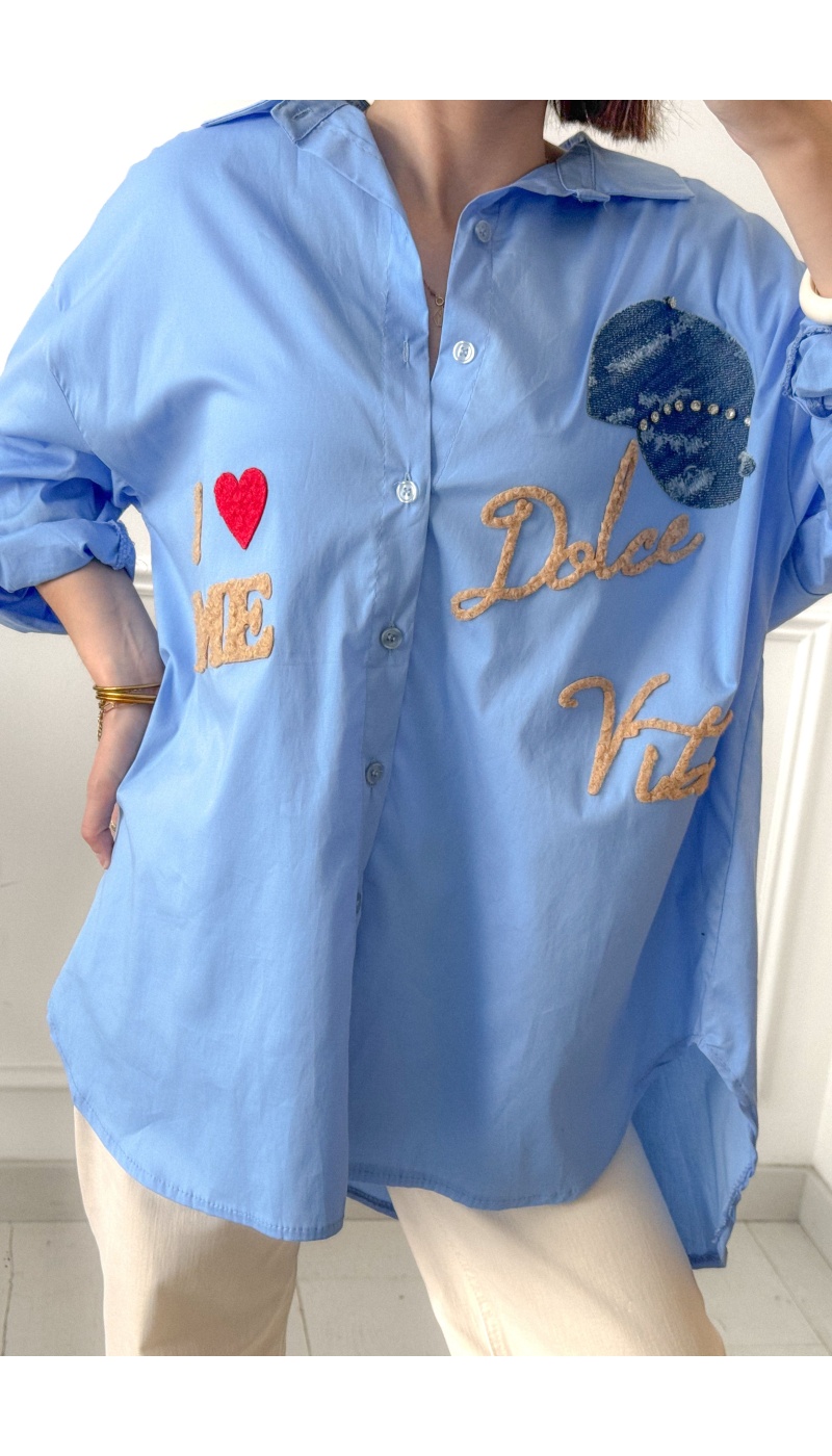 Chemise femme bleue Dolce Vita – chemisier tendance avec strass et manches longues