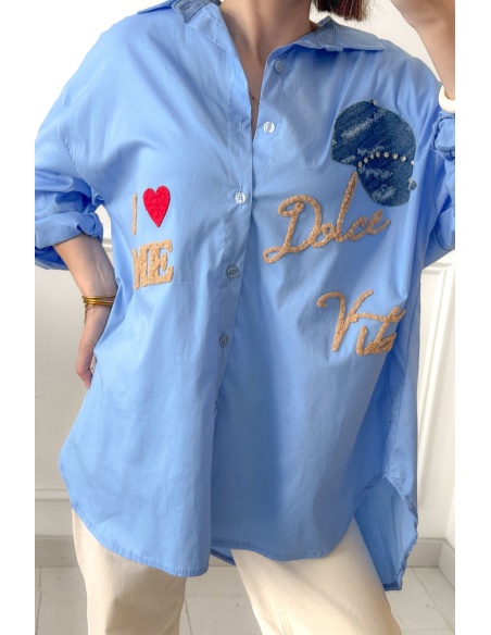 Chemise femme bleue Dolce Vita – chemisier tendance avec strass et manches longues