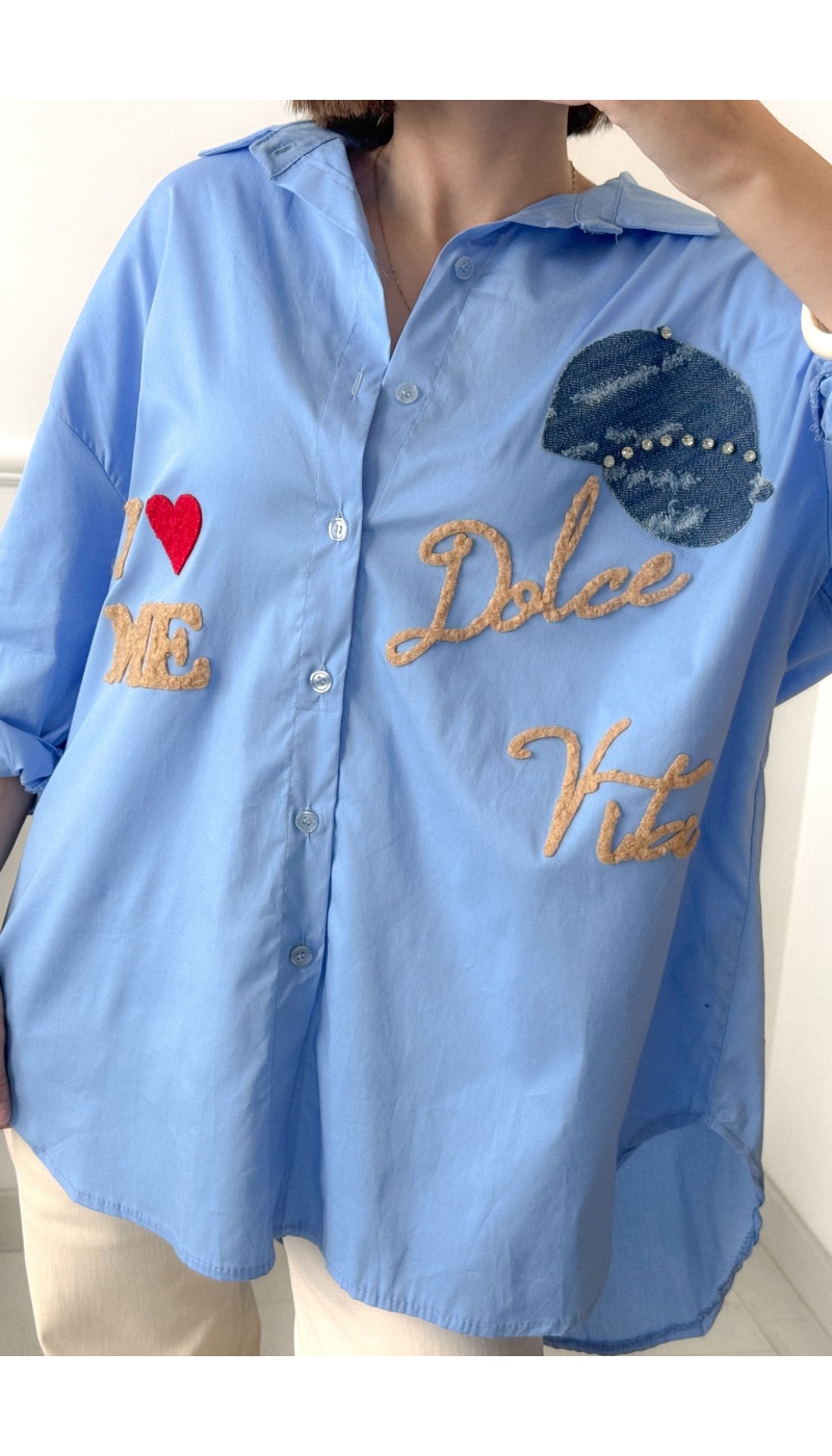 Chemise femme bleue Dolce Vita – chemisier tendance avec strass et manches longues
