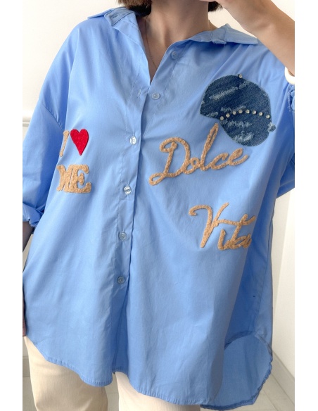 Chemise femme bleue Dolce Vita – chemisier tendance avec strass et manches longues
