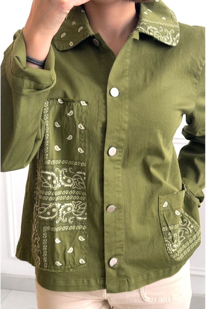 Veste femme imprimé bandana écru et bleu ciel ALMA – veste légère tendance manches longues