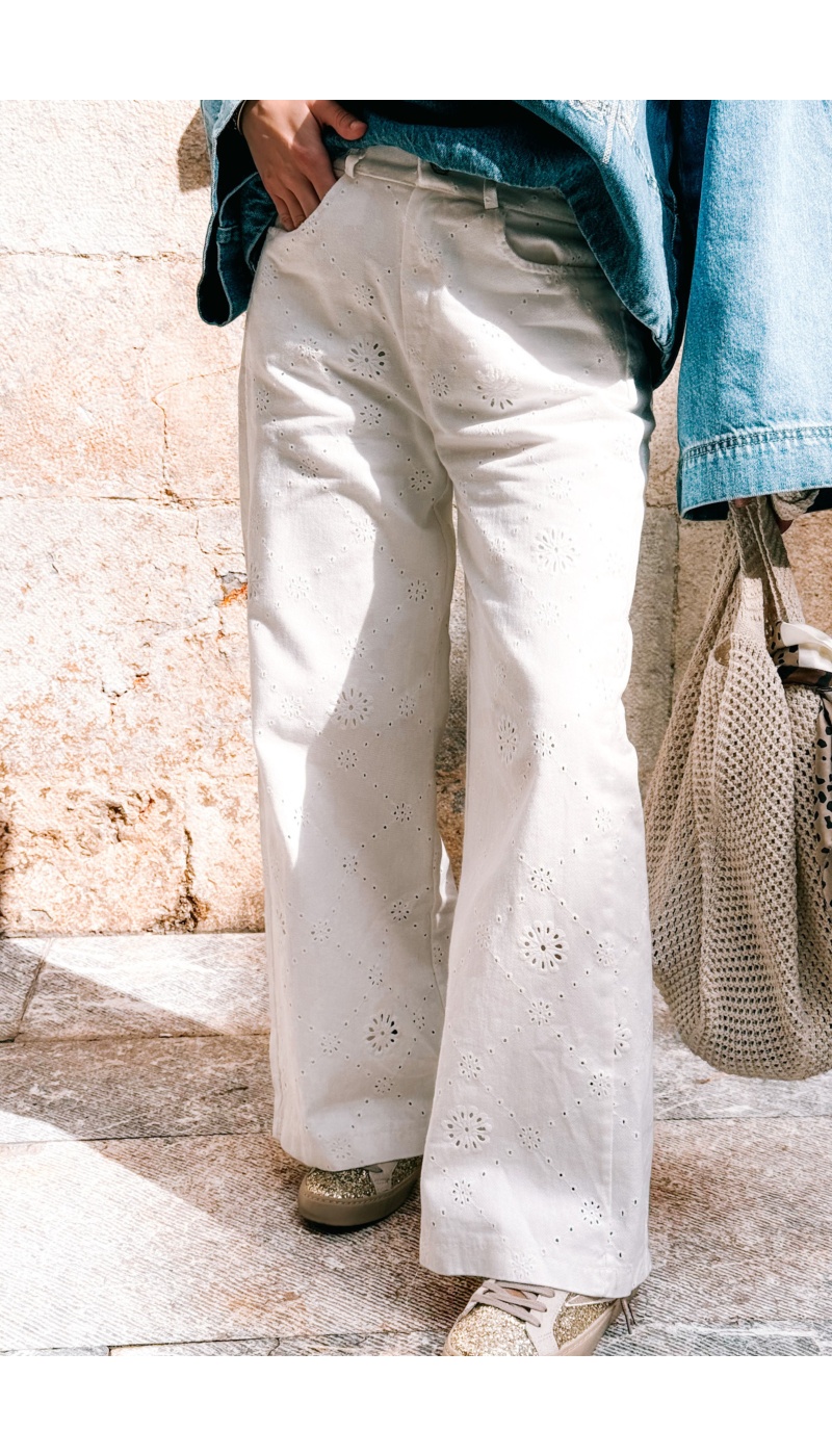 Pantalon Brodé Blanc JEAN Noho - 1 | Accueil