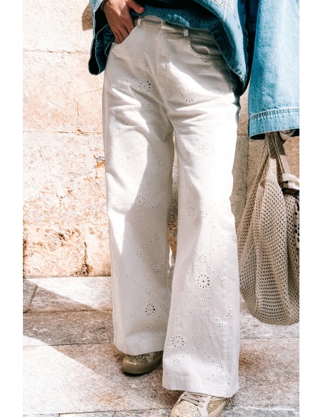 Pantalon Brodé Blanc JEAN Noho - 1 | Accueil