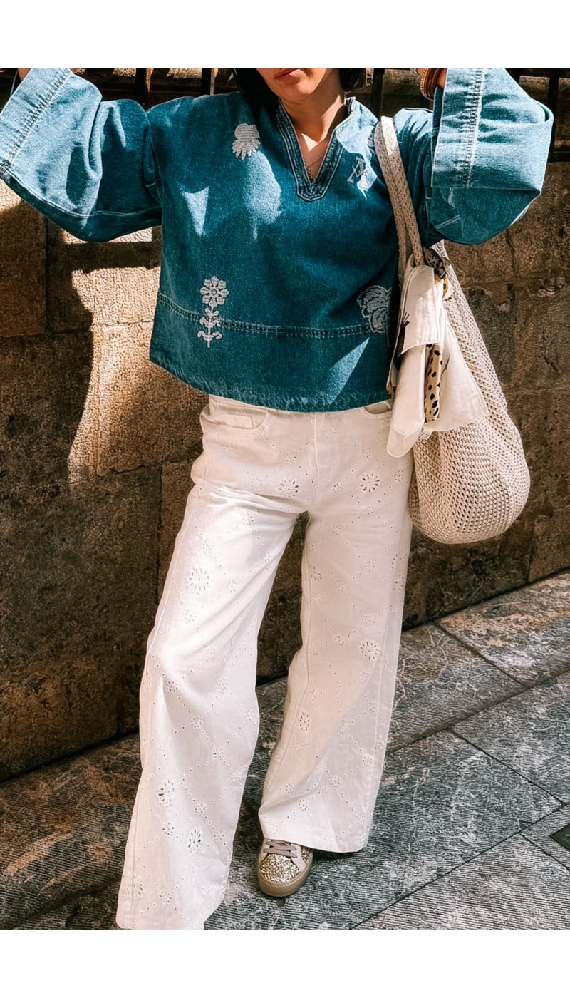 Pantalon Brodé Blanc JEAN Noho - 2 | Accueil