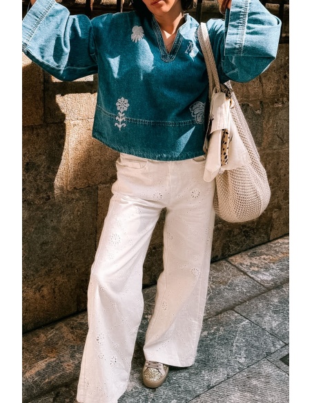 Pantalon Brodé Blanc JEAN Noho - 2 | Accueil
