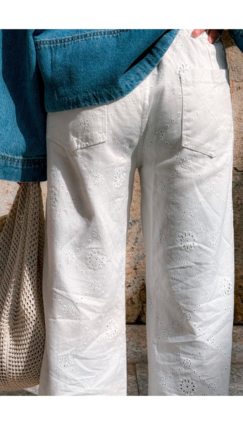 Pantalon Brodé Blanc JEAN Noho - 4 | Accueil