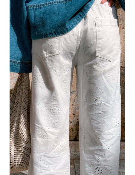 Pantalon Brodé Blanc JEAN Noho - 4 | Accueil