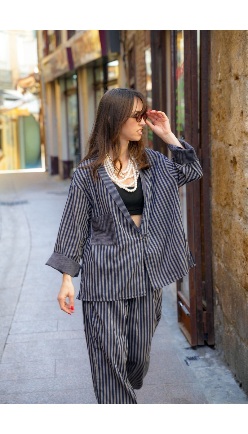 Johanna OUPY Navy Striped Jacket - Feminine Elegance