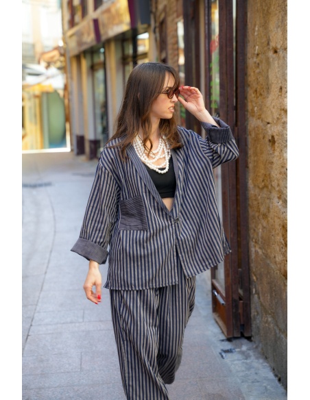 Johanna OUPY Navy Striped Jacket - Feminine Elegance