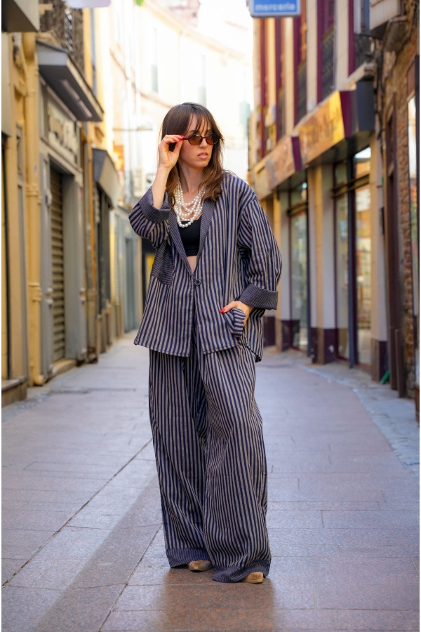 Johanna OUPY Navy Striped Jacket - Feminine Elegance