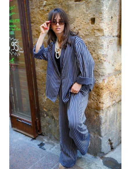 Johanna OUPY Navy Striped Jacket - Feminine Elegance
