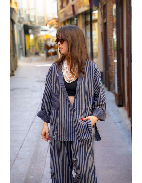 Johanna OUPY Navy Striped Jacket - Feminine Elegance