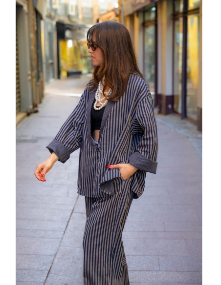 Johanna OUPY Navy Striped Jacket - Feminine Elegance