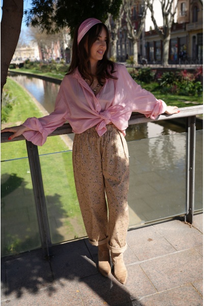 Pantalon Johanna Fleurs Beige - Élégance Féminine JUDIE