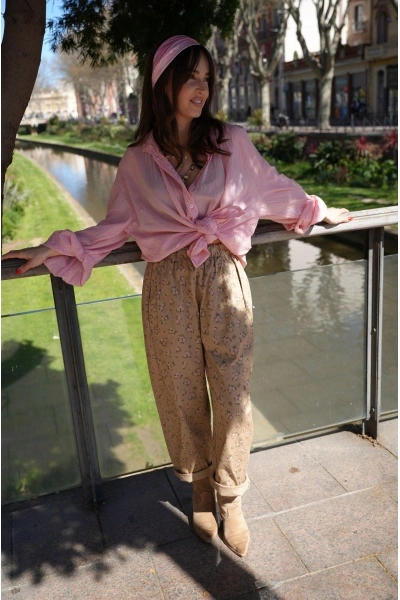 Pantalon Johanna Fleurs Beige - Élégance Féminine JUDIE