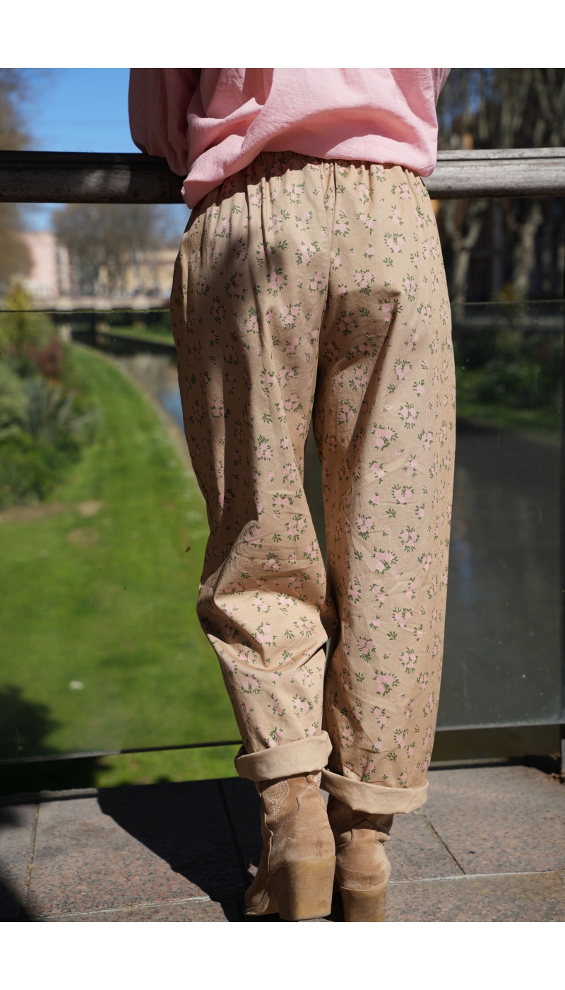 Pantalon Johanna Fleurs Beige - Élégance Féminine JUDIE