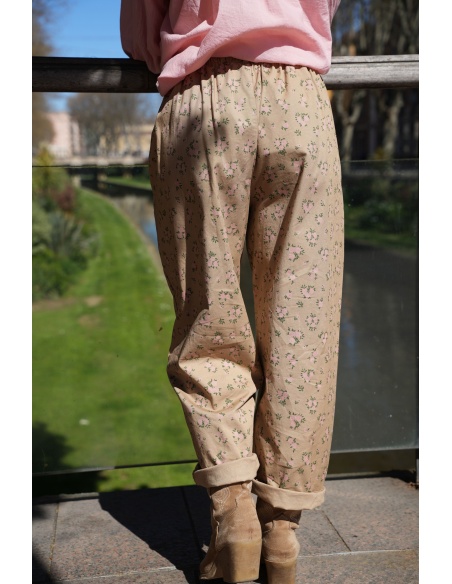 Pantalon Johanna Fleurs Beige - Élégance Féminine JUDIE