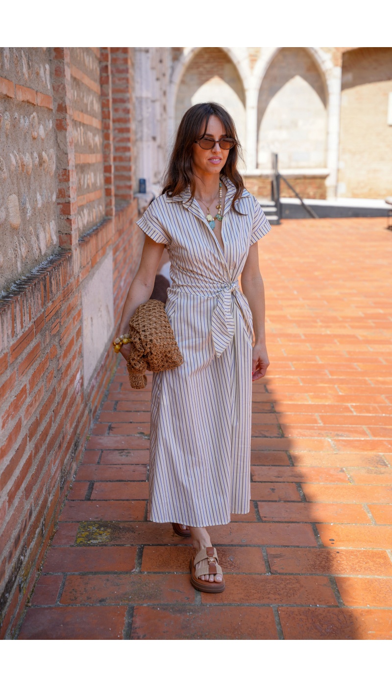 Ecru gestreiftes Kleid LIVIA