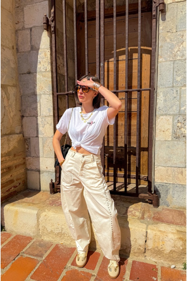 Pantaloni KAROL Ecru con borchie