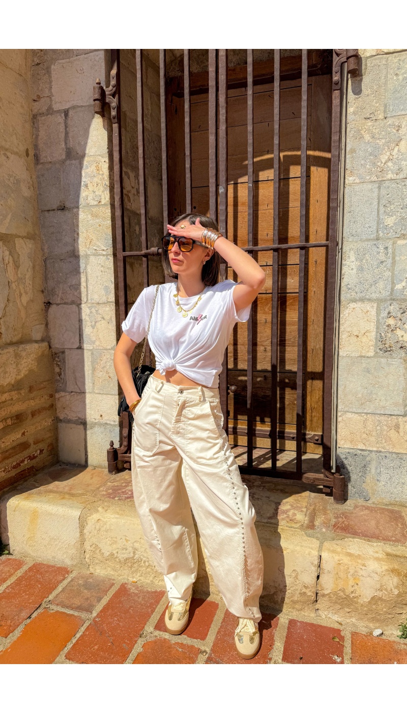 Pantaloni KAROL Ecru con borchie