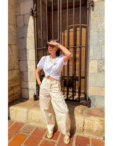 Pantaloni KAROL Ecru con borchie