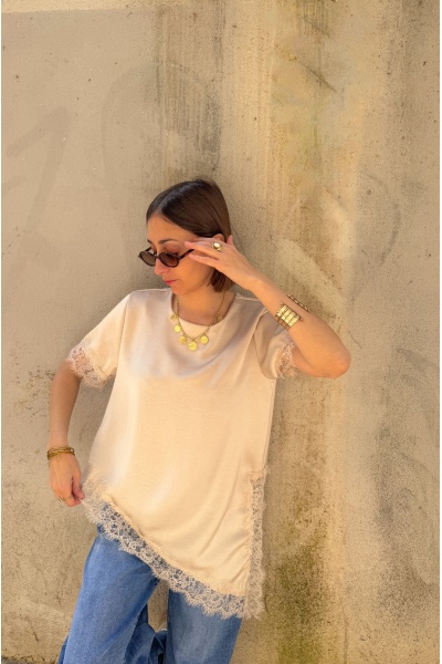 T-shirt Satiné Dentelle Beige DEMY